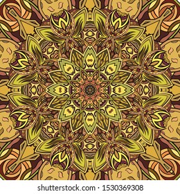 Seamless tracery tile mehndi design. Ethnic ornament, colorful doodle symmetry texture. Folk traditional spiritual tribal design. Curved doodling motif. Color art. Vector