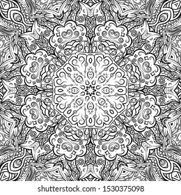 Seamless tracery tile mehndi design. Ethnic ornament, doodle symmetry texture. Folk traditional spiritual tribal design. Curved doodling motif. Binary monochrome black and white art. Vector