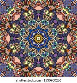 Seamless tracery tile mehndi design. Ethnic ornament, colorful doodle symmetry texture. Folk traditional spiritual tribal design. Curved doodling motif. Color art. Vector