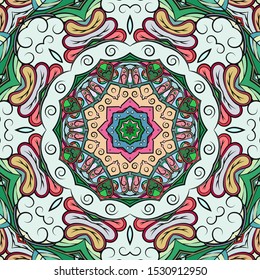Seamless tracery tile mehndi design. Ethnic ornament, colorful doodle symmetry texture. Folk traditional spiritual tribal design. Curved doodling motif. Color art. Vector
