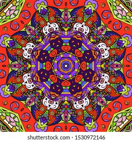 Seamless tracery tile mehndi design. Ethnic ornament, colorful doodle symmetry texture. Folk traditional spiritual tribal design. Curved doodling motif. Color art. Vector