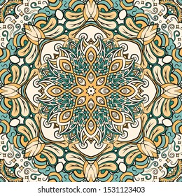 Seamless tracery tile mehndi design. Ethnic ornament, colorful doodle symmetry texture. Folk traditional spiritual tribal design. Curved doodling motif. Color art. Vector