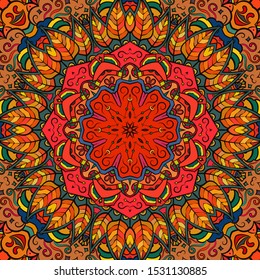 Seamless tracery tile mehndi design. Ethnic ornament, colorful doodle symmetry texture. Folk traditional spiritual tribal design. Curved doodling motif. Color art. Vector