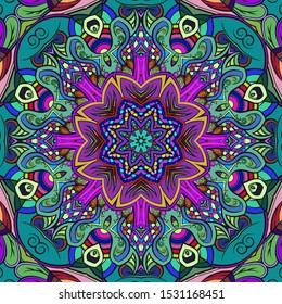 Seamless tracery tile mehndi design. Ethnic ornament, colorful doodle symmetry texture. Folk traditional spiritual tribal design. Curved doodling motif. Color art. Vector