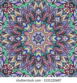 Seamless tracery tile mehndi design. Ethnic ornament, colorful doodle symmetry texture. Folk traditional spiritual tribal design. Curved doodling motif. Color art. Vector