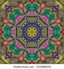 Seamless tracery tile mehndi design. Ethnic ornament, colorful doodle symmetry texture. Folk traditional spiritual tribal design. Curved doodling motif. Color art. Vector