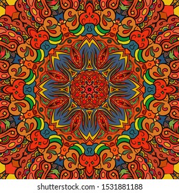 Seamless tracery tile mehndi design. Ethnic ornament, colorful doodle symmetry texture. Folk traditional spiritual tribal design. Curved doodling motif. Color art. Vector