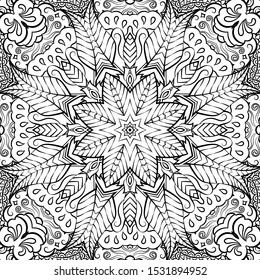 Seamless tracery tile mehndi design. Ethnic ornament, doodle symmetry texture. Folk traditional spiritual tribal design. Curved doodling motif. Binary monochrome black and white art. Vector