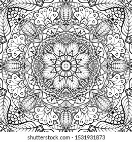 Seamless tracery tile mehndi design. Ethnic ornament, doodle symmetry texture. Folk traditional spiritual tribal design. Curved doodling motif. Binary monochrome black and white art. Vector