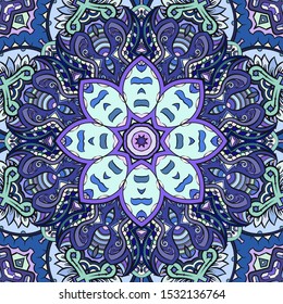 Seamless tracery tile mehndi design. Ethnic ornament, colorful doodle symmetry texture. Folk traditional spiritual tribal design. Curved doodling motif. Color art. Vector