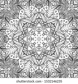 Seamless tracery tile mehndi design. Ethnic ornament, doodle symmetry texture. Folk traditional spiritual tribal design. Curved doodling motif. Binary monochrome black and white art. Vector