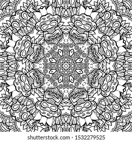 Seamless tracery tile mehndi design. Ethnic ornament, doodle symmetry texture. Folk traditional spiritual tribal design. Curved doodling motif. Binary monochrome black and white art. Vector