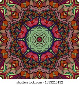 Seamless tracery tile mehndi design. Ethnic ornament, colorful doodle symmetry texture. Folk traditional spiritual tribal design. Curved doodling motif. Color art. Vector
