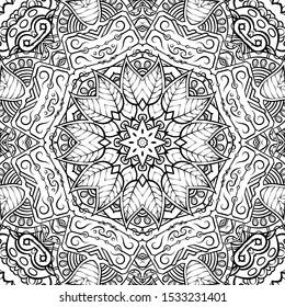 Seamless tracery tile mehndi design. Ethnic ornament, doodle symmetry texture. Folk traditional spiritual tribal design. Curved doodling motif. Binary monochrome black and white art. Vector