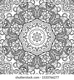 Seamless tracery tile mehndi design. Ethnic ornament, doodle symmetry texture. Folk traditional spiritual tribal design. Curved doodling motif. Binary monochrome black and white art. Vector
