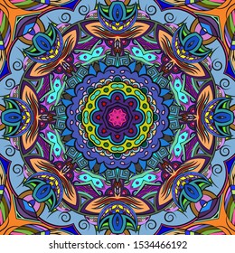 Seamless tracery tile mehndi design. Ethnic ornament, colorful doodle symmetry texture. Folk traditional spiritual tribal design. Curved doodling motif. Color art. Vector