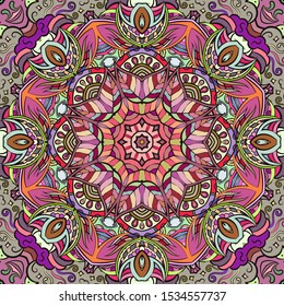 Seamless tracery tile mehndi design. Ethnic ornament, colorful doodle symmetry texture. Folk traditional spiritual tribal design. Curved doodling motif. Color art. Vector