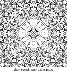 Seamless tracery tile mehndi design. Ethnic ornament, doodle symmetry texture. Folk traditional spiritual tribal design. Curved doodling motif. Binary monochrome black and white art. Vector
