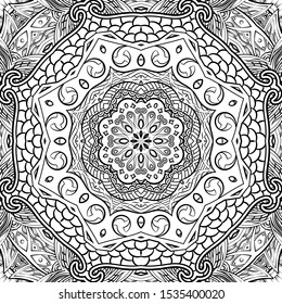 Seamless tracery tile mehndi design. Ethnic ornament, doodle symmetry texture. Folk traditional spiritual tribal design. Curved doodling motif. Binary monochrome black and white art. Vector