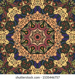Seamless tracery tile mehndi design. Ethnic ornament, colorful doodle symmetry texture. Folk traditional spiritual tribal design. Curved doodling motif. Color art. Vector