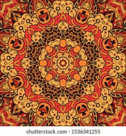 Seamless tracery tile mehndi design. Ethnic ornament, colorful doodle symmetry texture. Folk traditional spiritual tribal design. Curved doodling motif. Color art. Vector