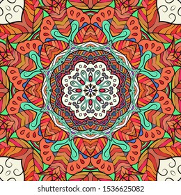 Seamless tracery tile mehndi design. Ethnic ornament, colorful doodle symmetry texture. Folk traditional spiritual tribal design. Curved doodling motif. Color art. Vector
