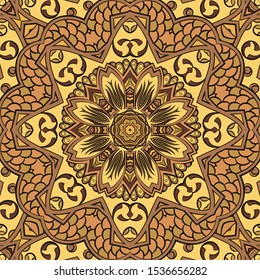 Seamless tracery tile mehndi design. Ethnic ornament, colorful doodle symmetry texture. Folk traditional spiritual tribal design. Curved doodling motif. Color art. Vector