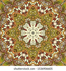 Seamless tracery tile mehndi design. Ethnic ornament, colorful doodle symmetry texture. Folk traditional spiritual tribal design. Curved doodling motif. Color art. Vector