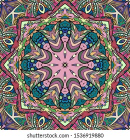 Seamless tracery tile mehndi design. Ethnic ornament, colorful doodle symmetry texture. Folk traditional spiritual tribal design. Curved doodling motif. Color art. Vector