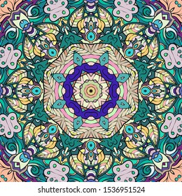 Seamless tracery tile mehndi design. Ethnic ornament, colorful doodle symmetry texture. Folk traditional spiritual tribal design. Curved doodling motif. Color art. Vector