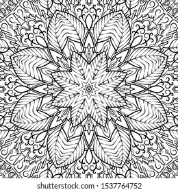 Seamless tracery tile mehndi design. Ethnic ornament, doodle symmetry texture. Folk traditional spiritual tribal design. Curved doodling motif. Binary monochrome black and white art. Vector