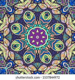 Seamless tracery tile mehndi design. Ethnic ornament, colorful doodle symmetry texture. Folk traditional spiritual tribal design. Curved doodling motif. Color art. Vector