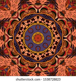 Seamless tracery tile mehndi design. Ethnic ornament, colorful doodle symmetry texture. Folk traditional spiritual tribal design. Curved doodling motif. Color art. Vector