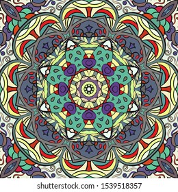 Seamless tracery tile mehndi design. Ethnic ornament, colorful doodle symmetry texture. Folk traditional spiritual tribal design. Curved doodling motif. Color art. Vector