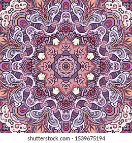 Seamless tracery tile mehndi design. Ethnic ornament, colorful doodle symmetry texture. Folk traditional spiritual tribal design. Curved doodling motif. Color art. Vector