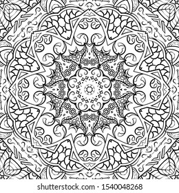 Seamless tracery tile mehndi design. Ethnic ornament, doodle symmetry texture. Folk traditional spiritual tribal design. Curved doodling motif. Binary monochrome black and white art. Vector