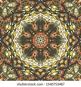 Seamless tracery tile mehndi design. Ethnic ornament, colorful doodle symmetry texture. Folk traditional spiritual tribal design. Curved doodling motif. Color art. Vector