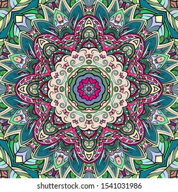 Seamless tracery tile mehndi design. Ethnic ornament, colorful doodle symmetry texture. Folk traditional spiritual tribal design. Curved doodling motif. Color art. Vector