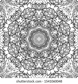 Seamless tracery tile mehndi design. Ethnic ornament, doodle symmetry texture. Folk traditional spiritual tribal design. Curved doodling motif. Binary monochrome black and white art. Vector