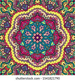 Seamless tracery tile mehndi design. Ethnic ornament, colorful doodle symmetry texture. Folk traditional spiritual tribal design. Curved doodling motif. Color art. Vector