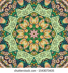 Seamless tracery tile mehndi design. Ethnic ornament, colorful doodle symmetry texture. Folk traditional spiritual tribal design. Curved doodling motif. Color art. Vector