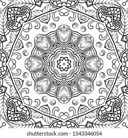 Seamless tracery tile mehndi design. Ethnic ornament, doodle symmetry texture. Folk traditional spiritual tribal design. Curved doodling motif. Binary monochrome black and white art. Vector