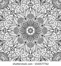 Seamless tracery tile mehndi design. Ethnic ornament, doodle symmetry texture. Folk traditional spiritual tribal design. Curved doodling motif. Binary monochrome black and white art. Vector