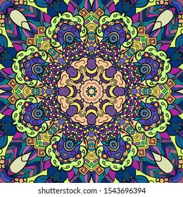 Seamless tracery tile mehndi design. Ethnic ornament, colorful doodle symmetry texture. Folk traditional spiritual tribal design. Curved doodling motif. Color art. Vector