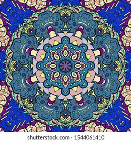 Seamless tracery tile mehndi design. Ethnic ornament, colorful doodle symmetry texture. Folk traditional spiritual tribal design. Curved doodling motif. Color art. Vector