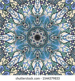 Seamless tracery tile mehndi design. Ethnic ornament, colorful doodle symmetry texture. Folk traditional spiritual tribal design. Curved doodling motif. Color art. Vector