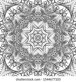 Seamless tracery tile mehndi design. Ethnic ornament, doodle symmetry texture. Folk traditional spiritual tribal design. Curved doodling motif. Binary monochrome black and white art. Vector