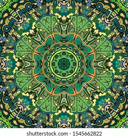 Seamless tracery tile mehndi design. Ethnic ornament, colorful doodle symmetry texture. Folk traditional spiritual tribal design. Curved doodling motif. Color art. Vector