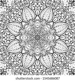 Seamless tracery tile mehndi design. Ethnic ornament, doodle symmetry texture. Folk traditional spiritual tribal design. Curved doodling motif. Binary monochrome black and white art. Vector