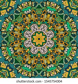 Seamless tracery tile mehndi design. Ethnic ornament, colorful doodle symmetry texture. Folk traditional spiritual tribal design. Curved doodling motif. Color art. Vector